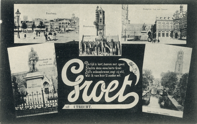 602766 Collage van gezichten te Utrecht:- Vredenburg- Domkerk en Domtoren- Academiegebouw- Standbeeld Jan van Nassau- ...